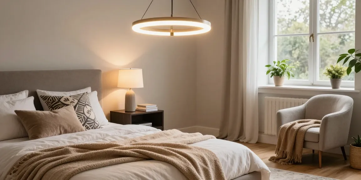 Lustra dormitor modernă suspendată, iluminând un pat confortabil cu perne decorative la fereastră.